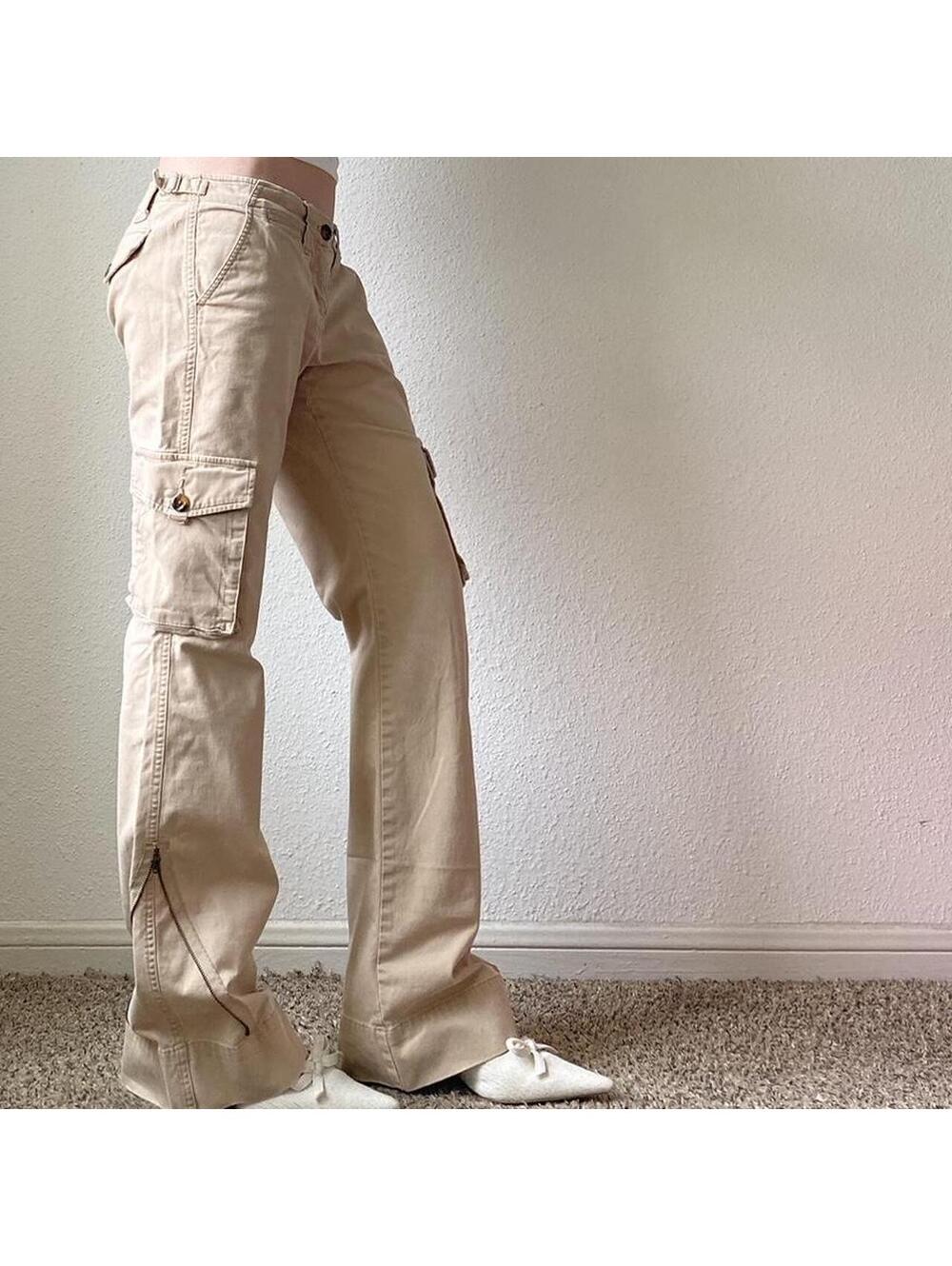 Vintage authentic rare y2k low rise bootcut flare cream khaki cargo pants - Picture 3 of 8
